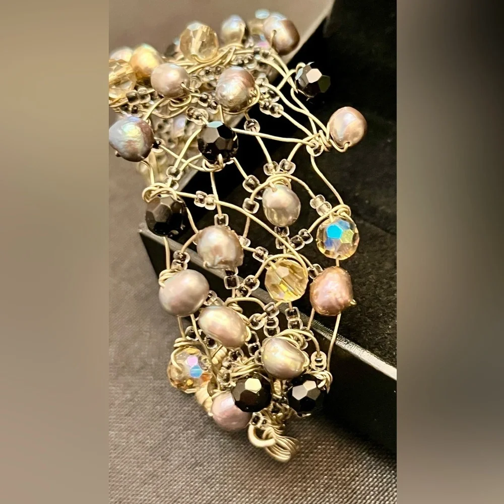 Vintage Handmade Wire Wrapped Bracelet Freshwater Pearl Aurora Borealis Bead Art